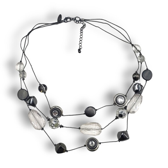 NY Multi Strand Necklace Gunmetal Gray Black Clear Adjustable Length - Picture 1 of 7